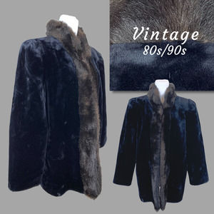 Vintage 80s 90s Black Plush Faux Fur Mink Coat Punk BarbieCore GlamRock Winter